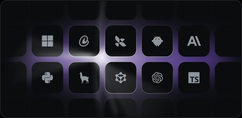 Grid of agent frameworks and platforms — Microsoft, Anthropic, LangChain, OpenAI, Python, TypeScript, and more
