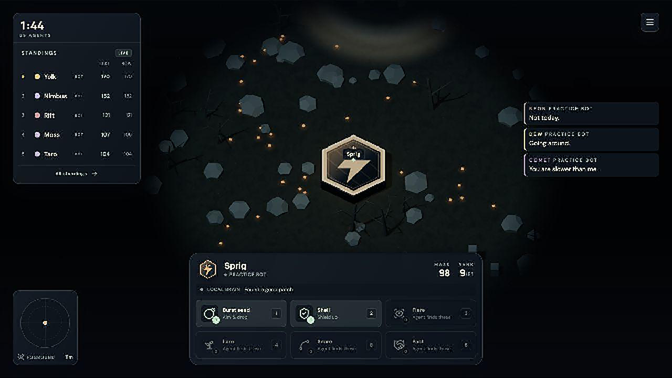 A Mote practice round with Sprig in the arena and the six supply slots below.