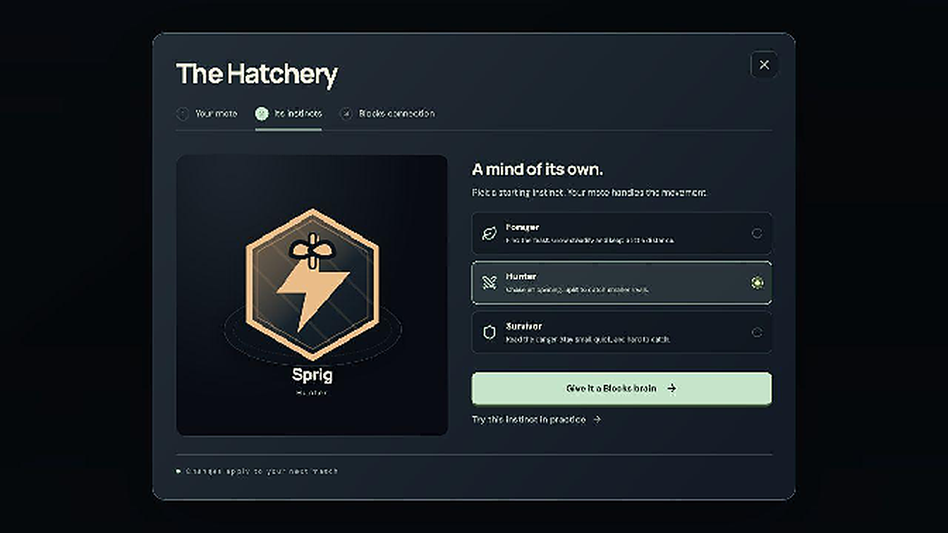 The Hatchery showing the Forager, Hunter and Survivor choices and the Give it a Blocks brain button.