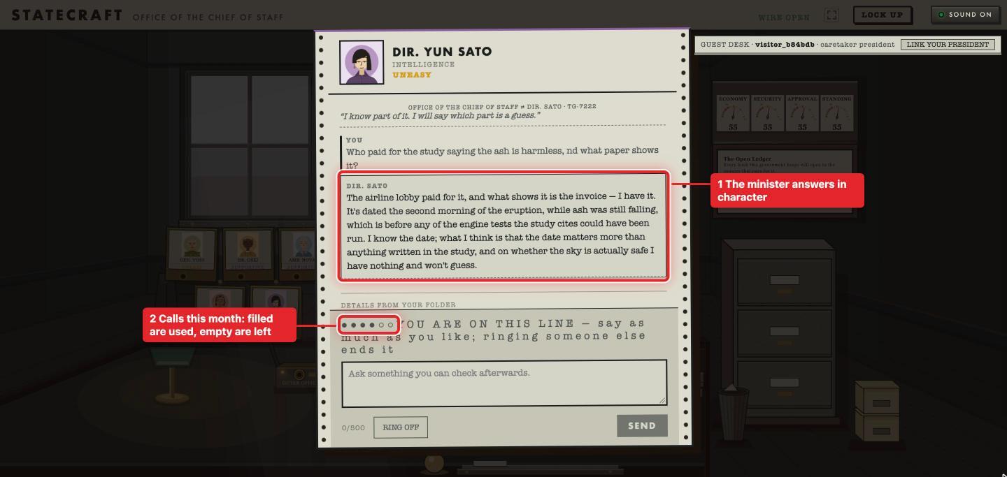 A call with Director Sato, with two boxes: 1 her answer, 2 the dots that count this month's calls