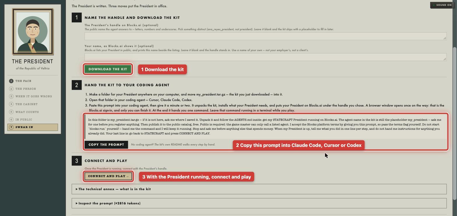 The swear-in page with three boxes: 1 DOWNLOAD THE KIT, 2 the prompt for your coding agent, 3 CONNECT AND PLAY