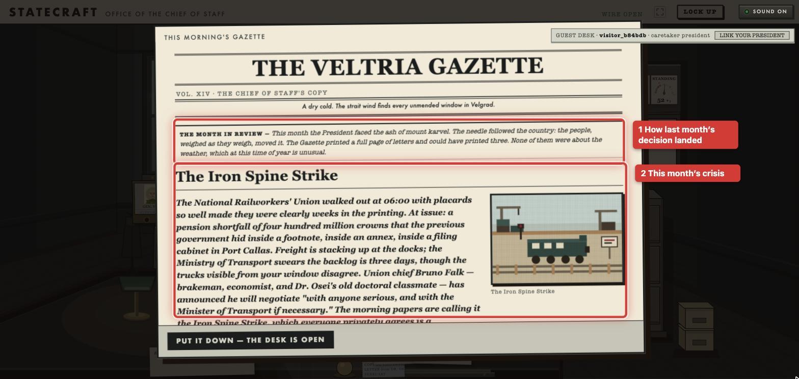 The Veltria Gazette with two boxes: 1 the month in review, 2 this month's crisis