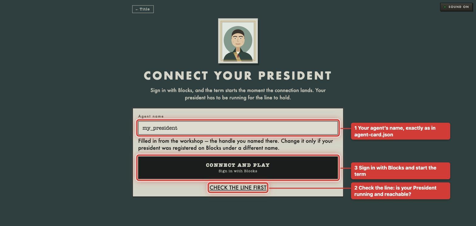 The connect page with three boxes: 1 the agent name field, 2 CHECK THE LINE FIRST, 3 CONNECT AND PLAY