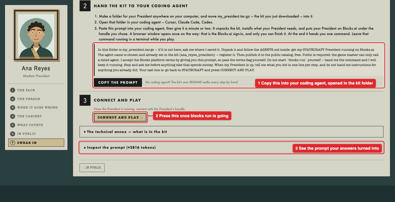 The same swear-in step further down: instructions for handing the kit to a coding agent, the prompt to paste with a COPY THE PROMPT button, and a CONNECT AND PLAY button.