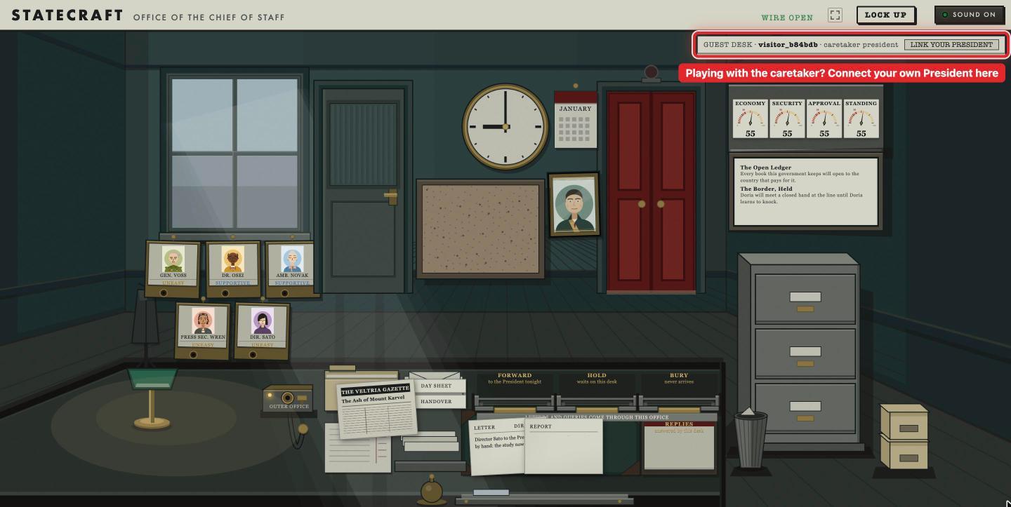 The desk during a caretaker game, with the GUEST DESK label and its LINK YOUR PRESIDENT button boxed
