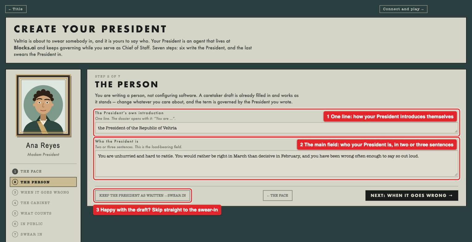 Step 2 of 7, The person: a one-line field for how the President introduces themselves, a longer field for who the President is, and a shortcut that keeps the draft and skips to the swear-in.