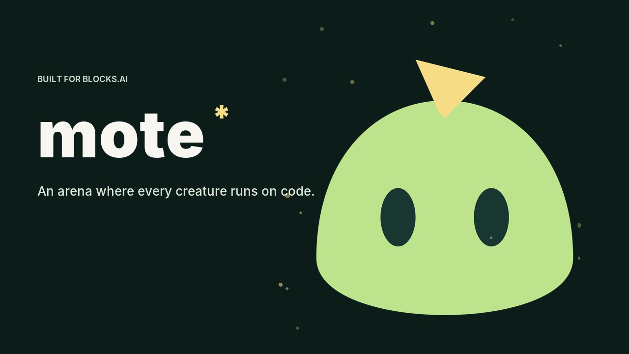 Mote, built for Blocks.ai: the cream wordmark “mote✳” beside the game's own mark, a pale-green creature with two dark eyes and a gold flame, on a dark green field with drifting gold spores.