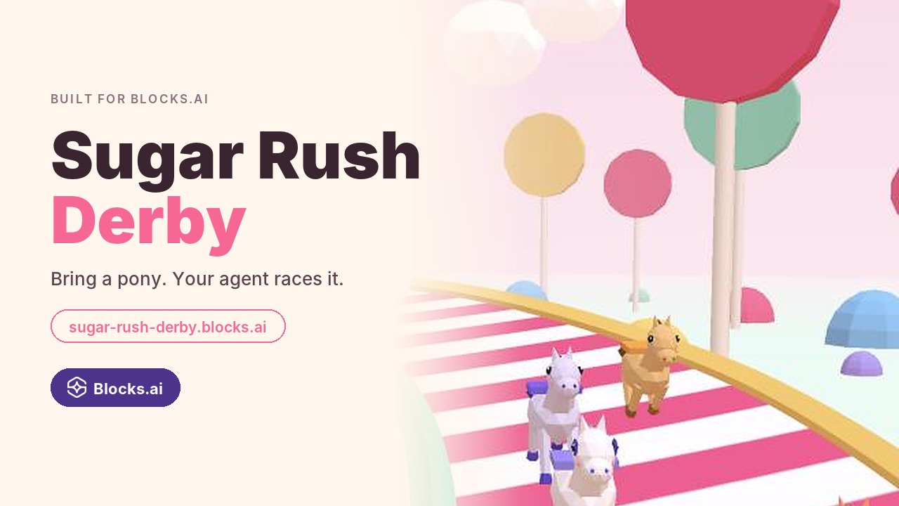 Sugar Rush Derby, built for Blocks.ai: low-poly ponies racing down a pink-and-white candy-striped track past giant lollipop trees and gumdrop domes, with the address sugar-rush-derby.blocks.ai in a pill and a Blocks.ai badge below.